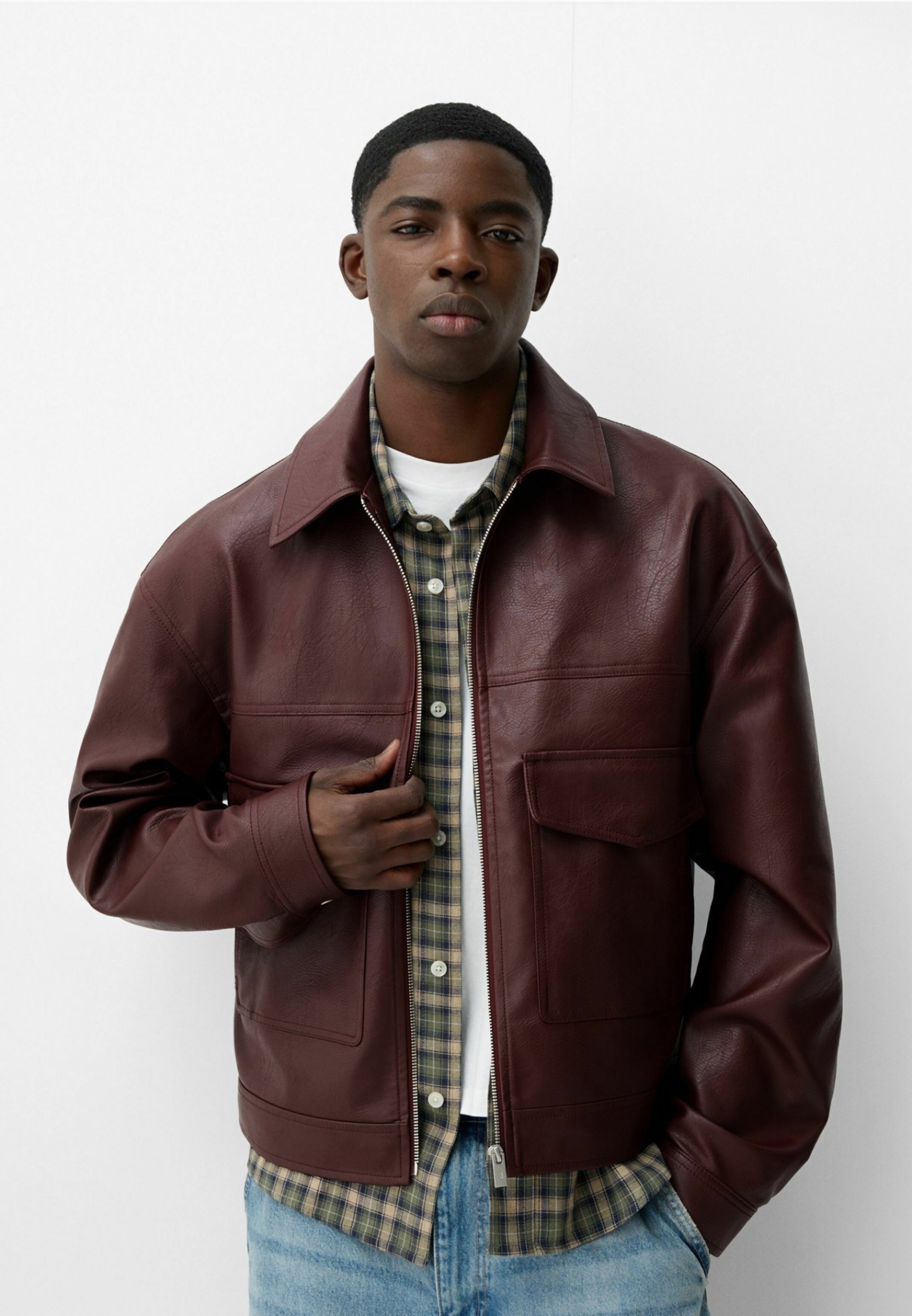 Bershka Faux Leather Jacket - Dark Red