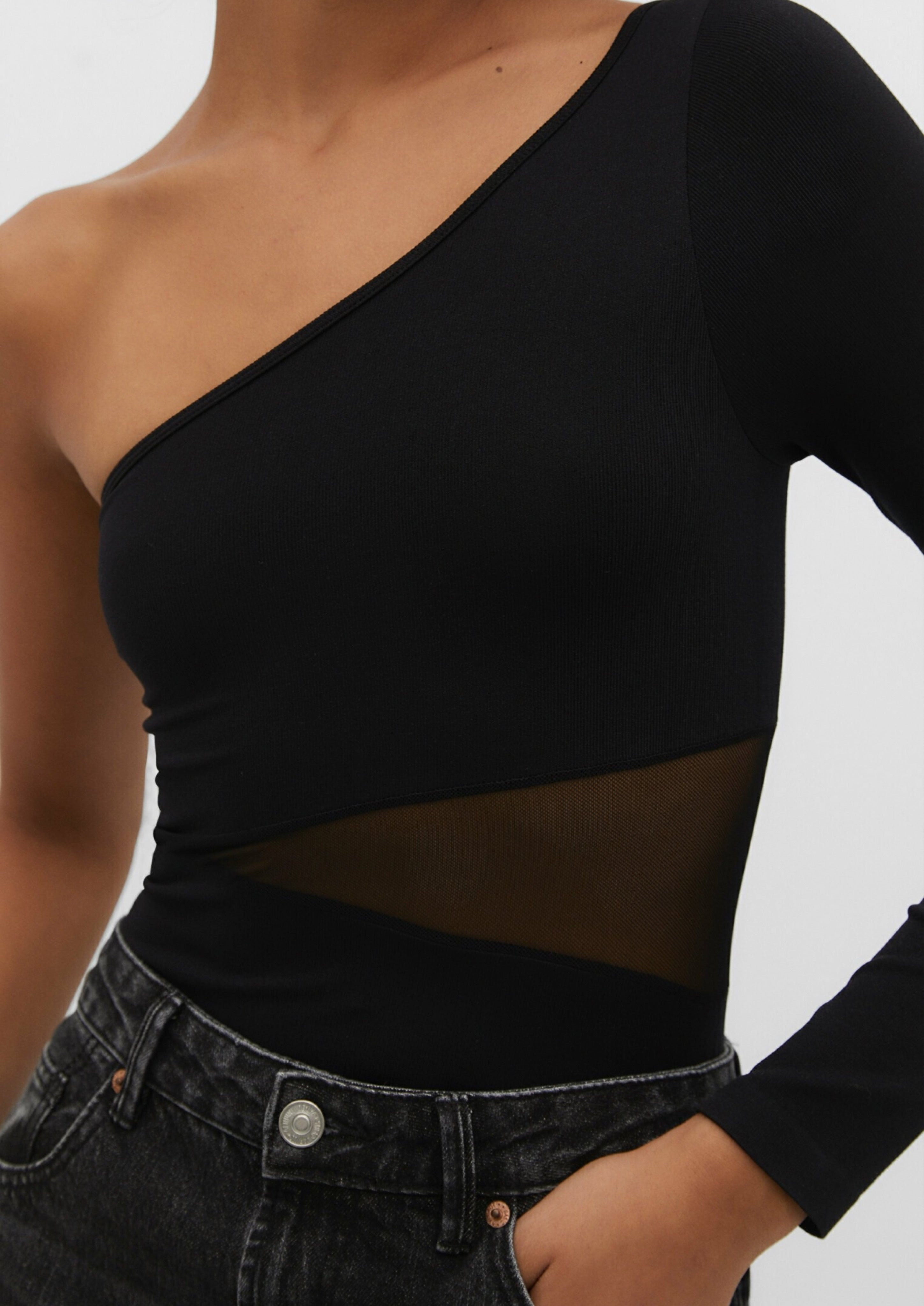Stradivarius ASYMMETRIC WITH SHEER DETAILS - Long Sleeve Top - Black