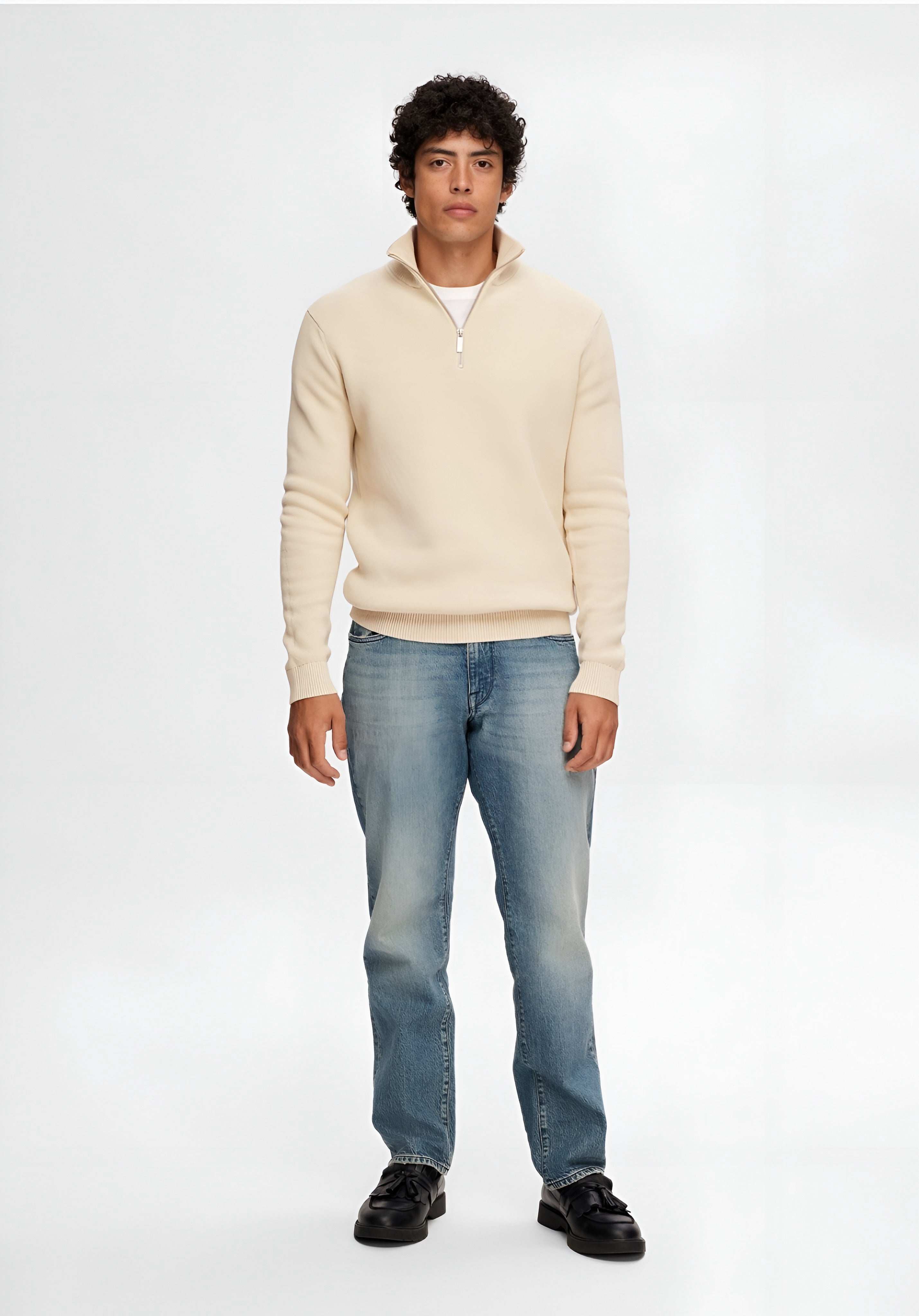 Selected Homme DANE STRUCTURE HALF ZIP - Knitted Sweater - Oatmeal