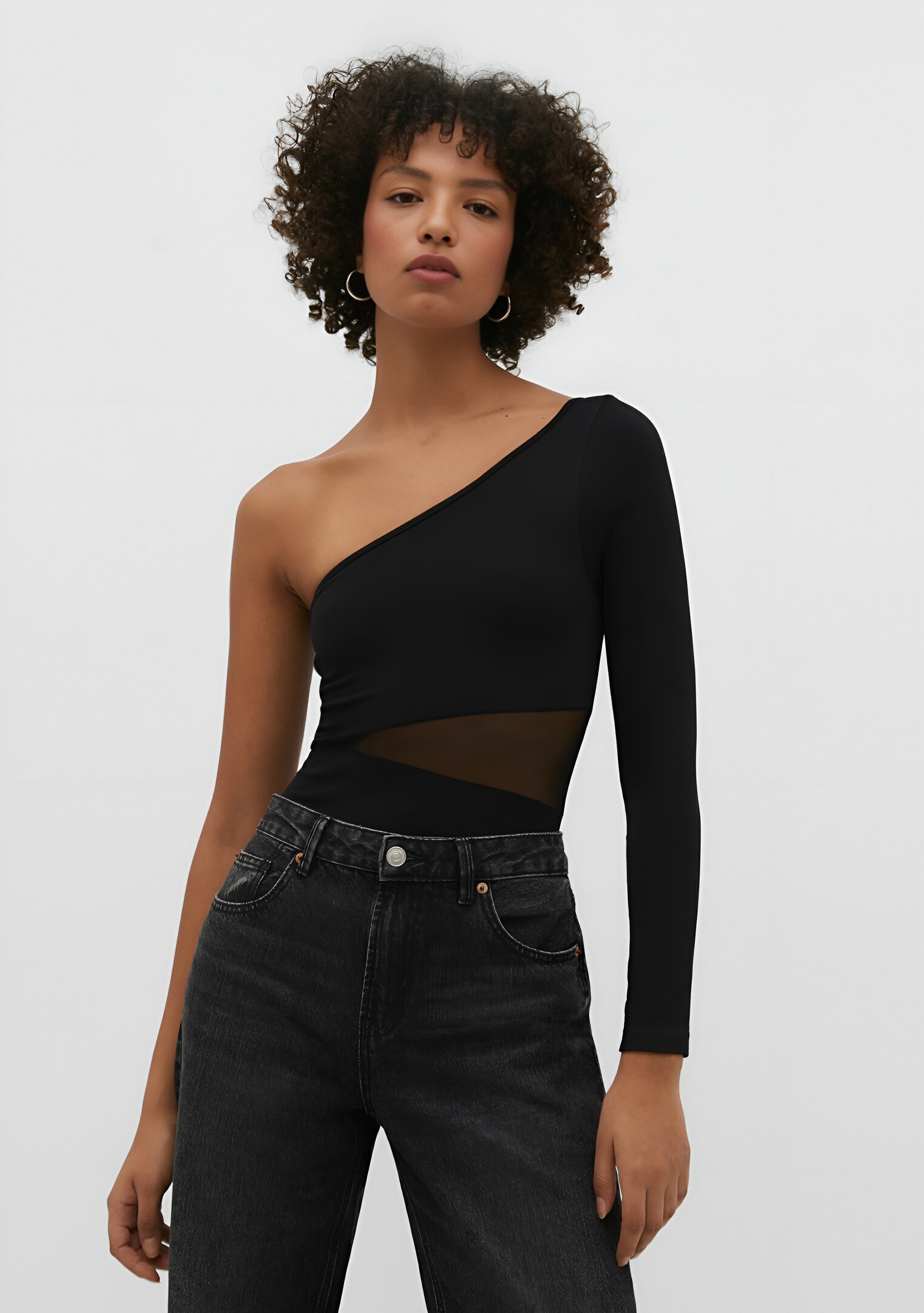 Stradivarius ASYMMETRIC WITH SHEER DETAILS - Long Sleeve Top - Black