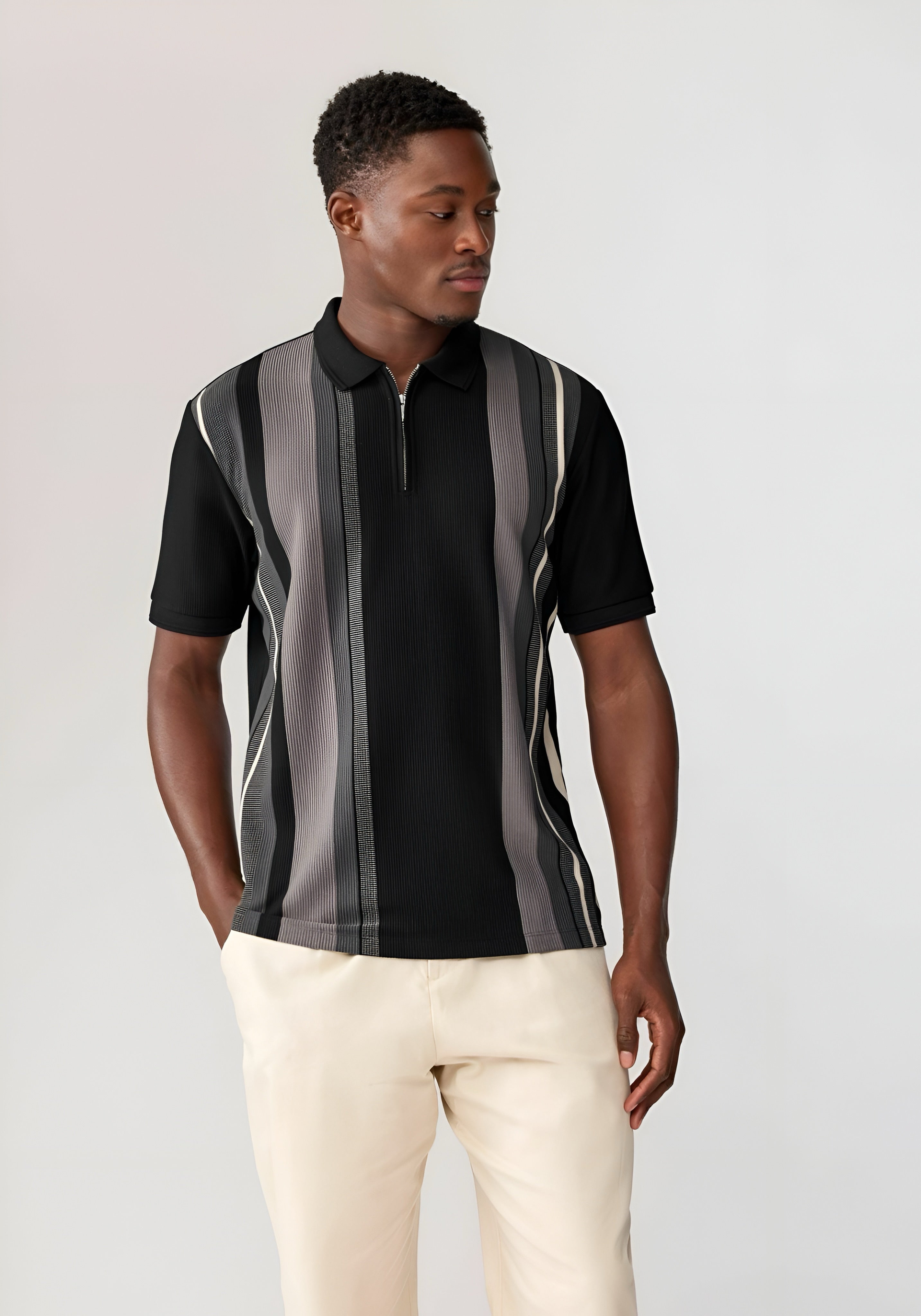 Next - Vertical Stripe Regular Fit Polo Shirt - Black White