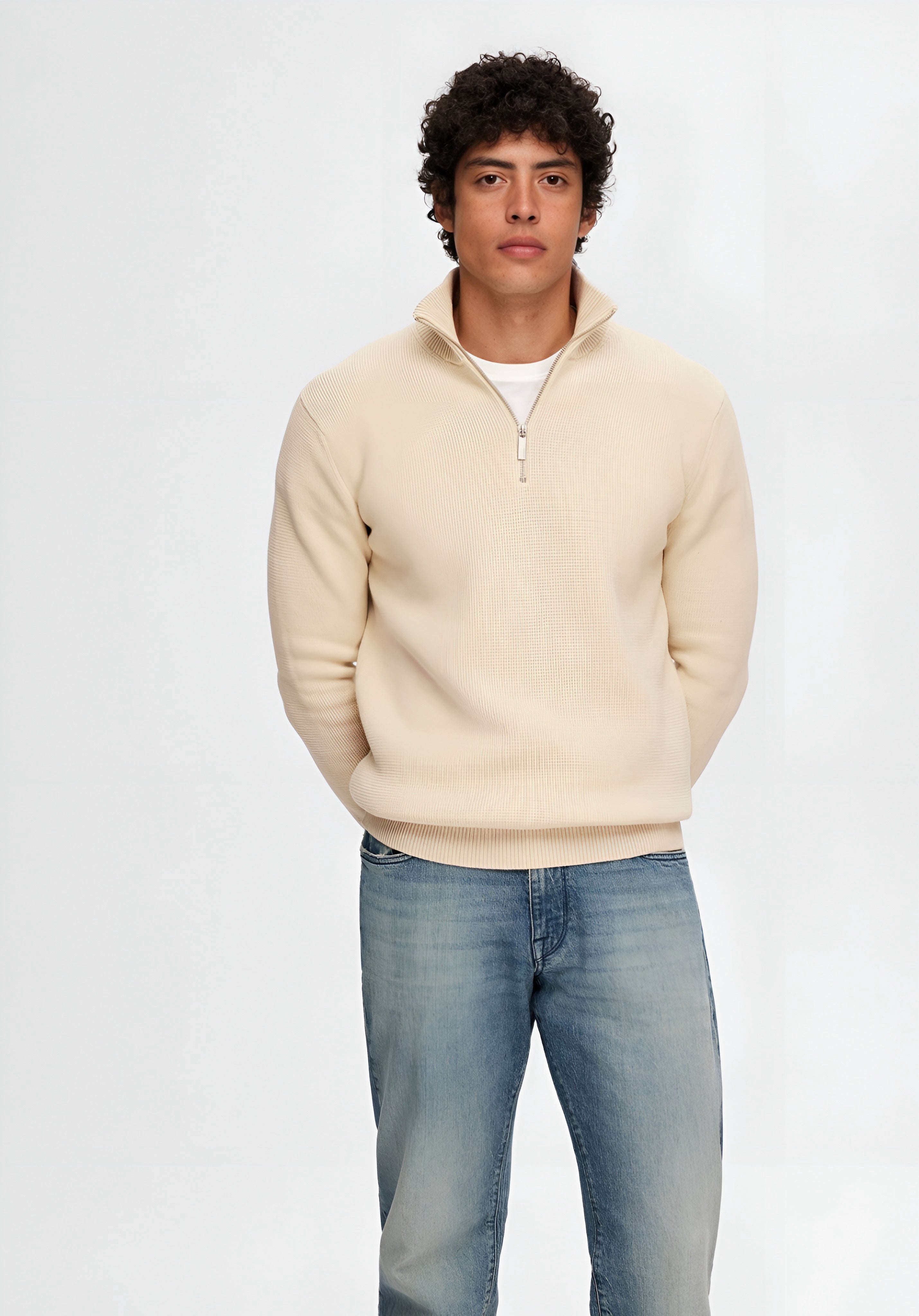 Selected Homme DANE STRUCTURE HALF ZIP - Knitted Sweater - Oatmeal