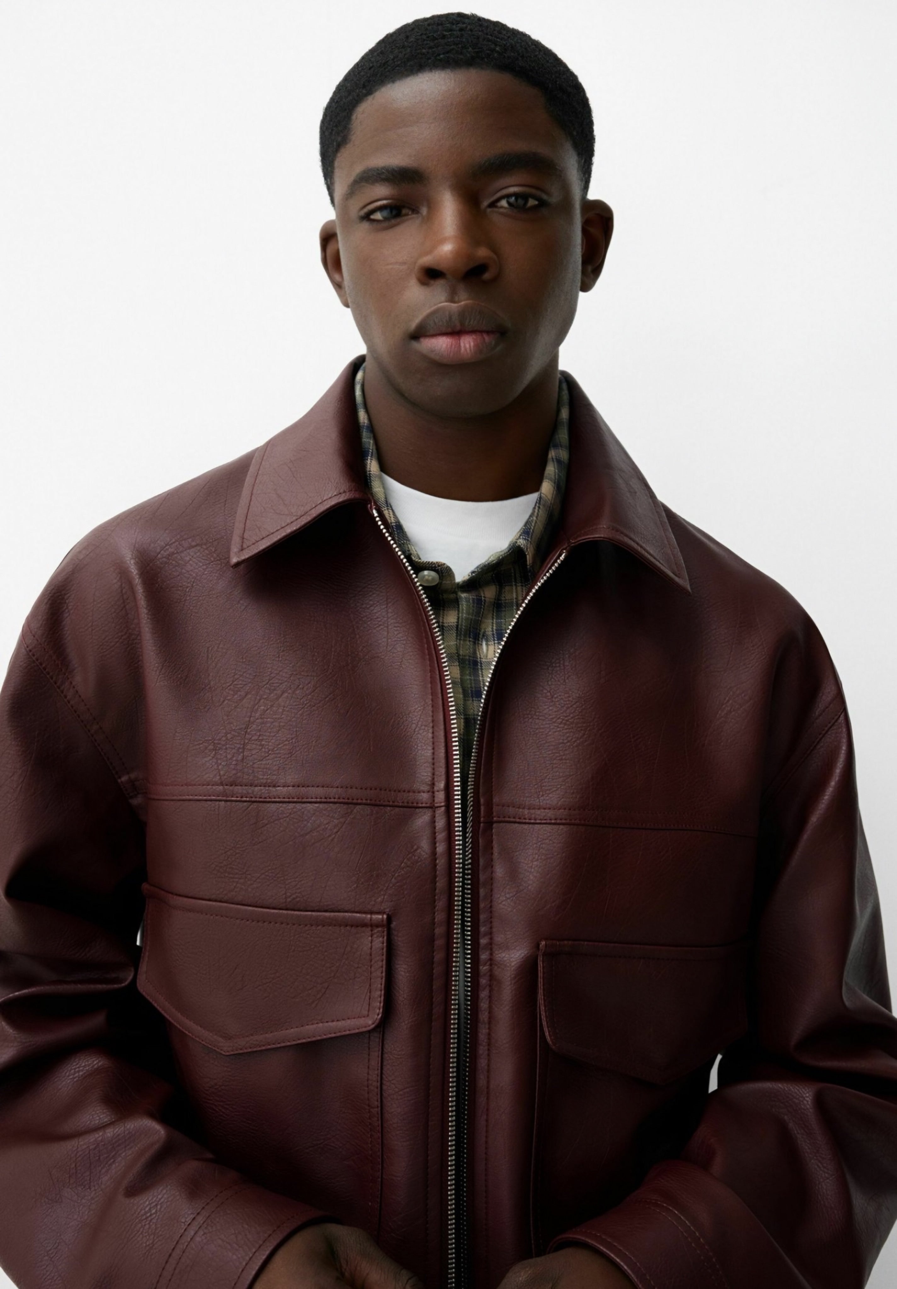 Bershka Faux Leather Jacket - Dark Red