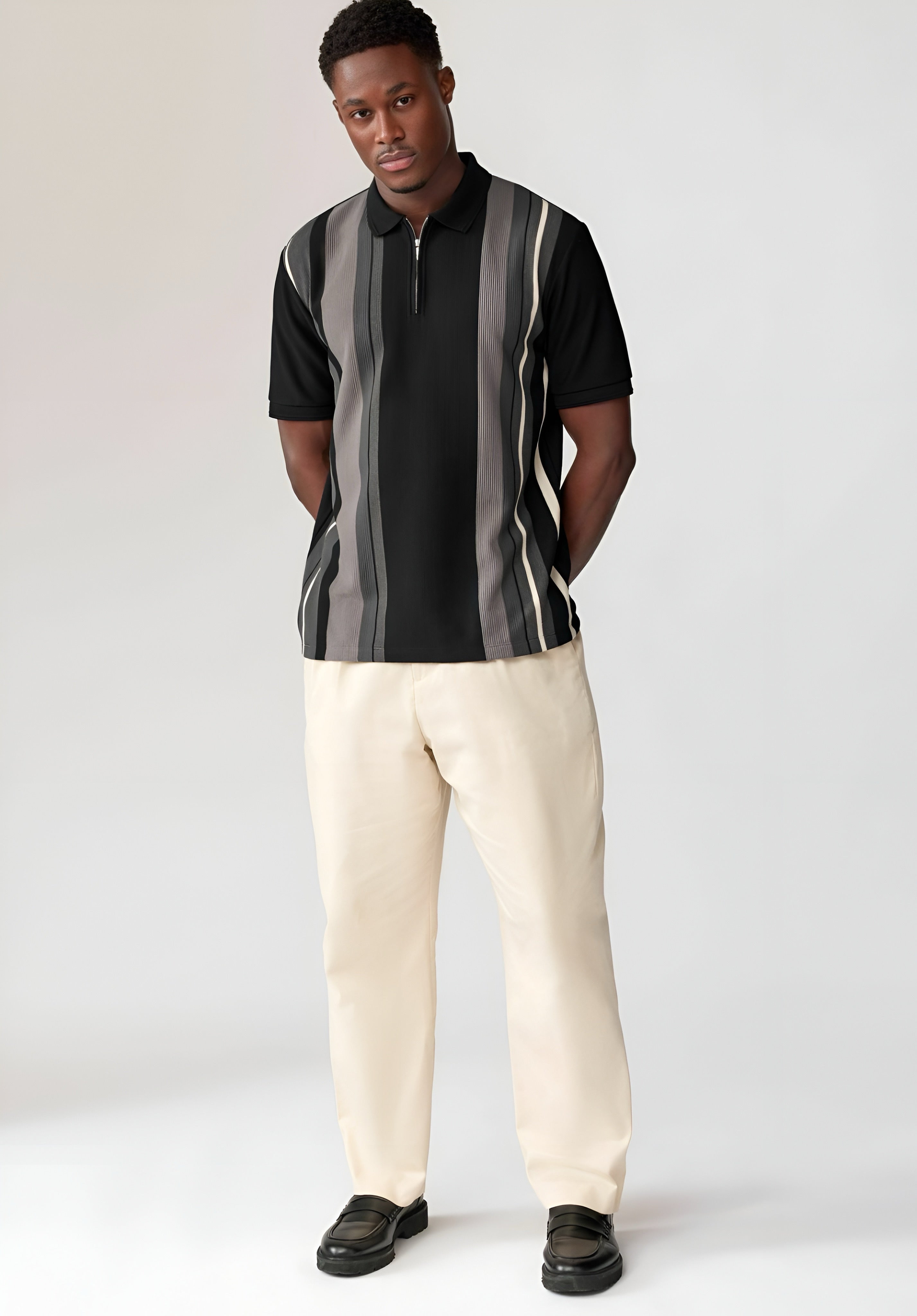 Next - Vertical Stripe Regular Fit Polo Shirt - Black White