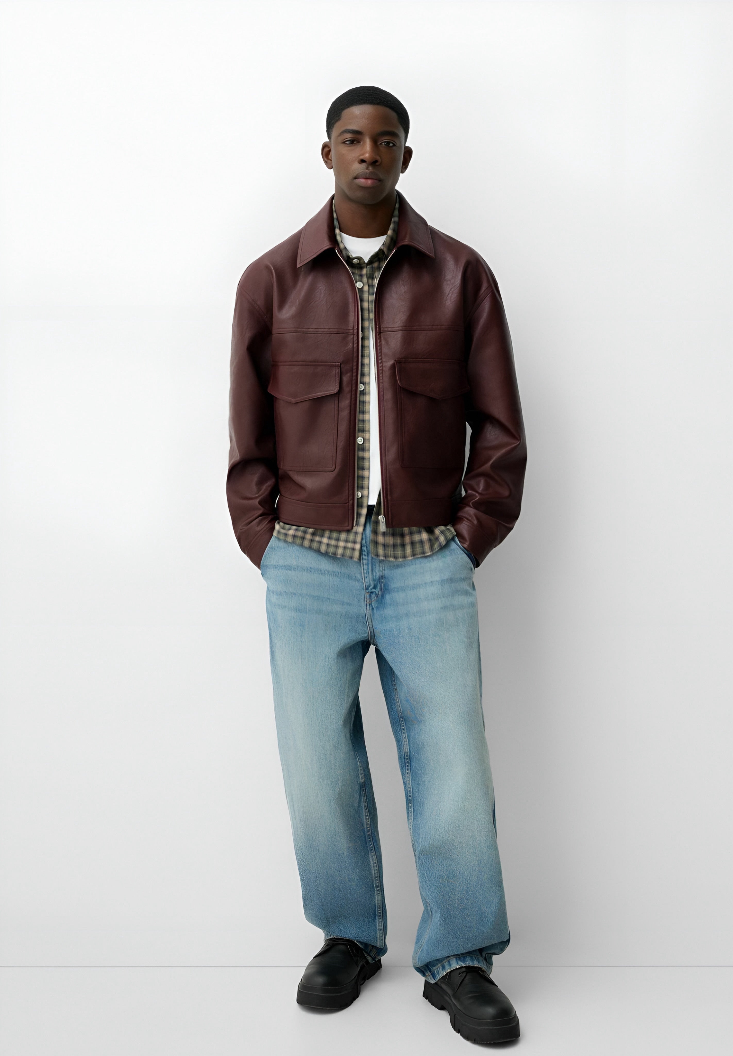 Bershka Faux Leather Jacket - Dark Red